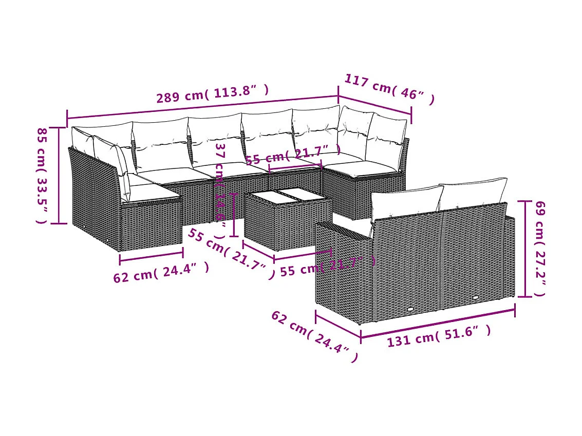 Salon de jardin avec coussins 10 pcs beige résine tressée