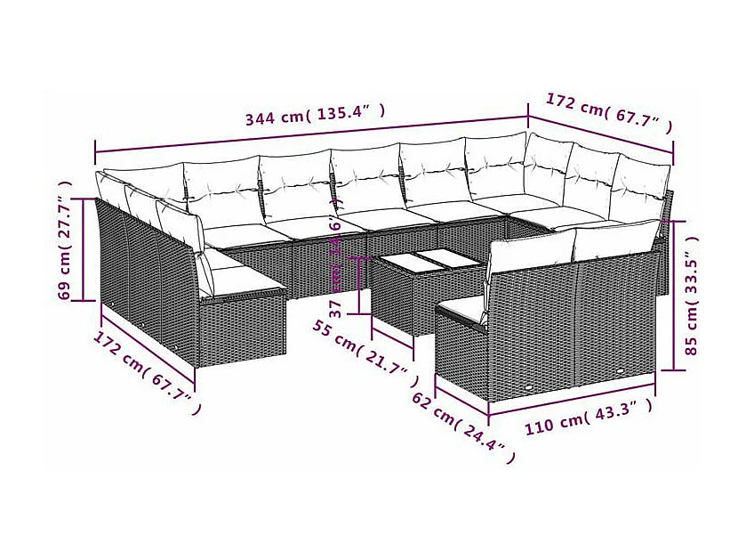 Salon de jardin avec coussins 13 pcs marron résine tressée