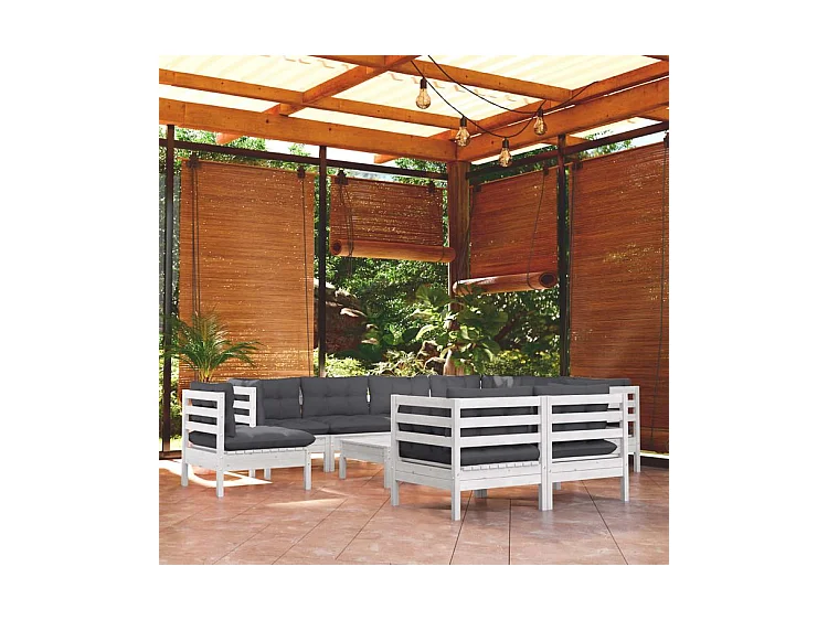 Salon de jardin 10 pcs avec coussins blanc bois de pin solide