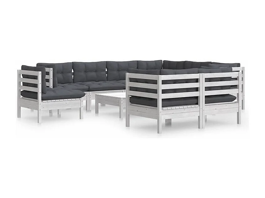 Salon de jardin 10 pcs avec coussins blanc bois de pin solide