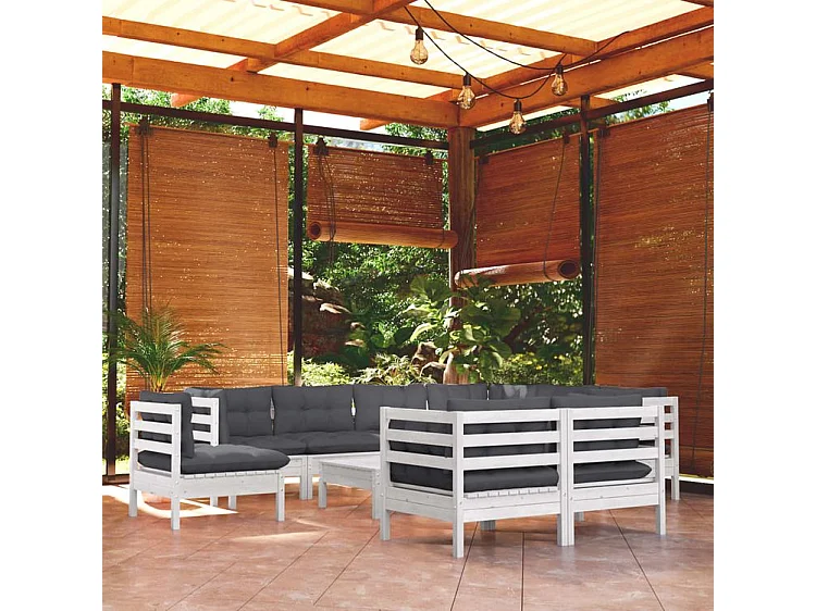 Salon de jardin 10 pcs avec coussins blanc bois de pin solide