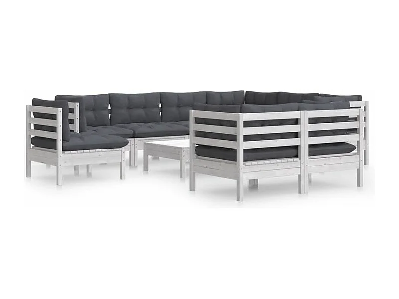 Salon de jardin 10 pcs avec coussins blanc bois de pin solide