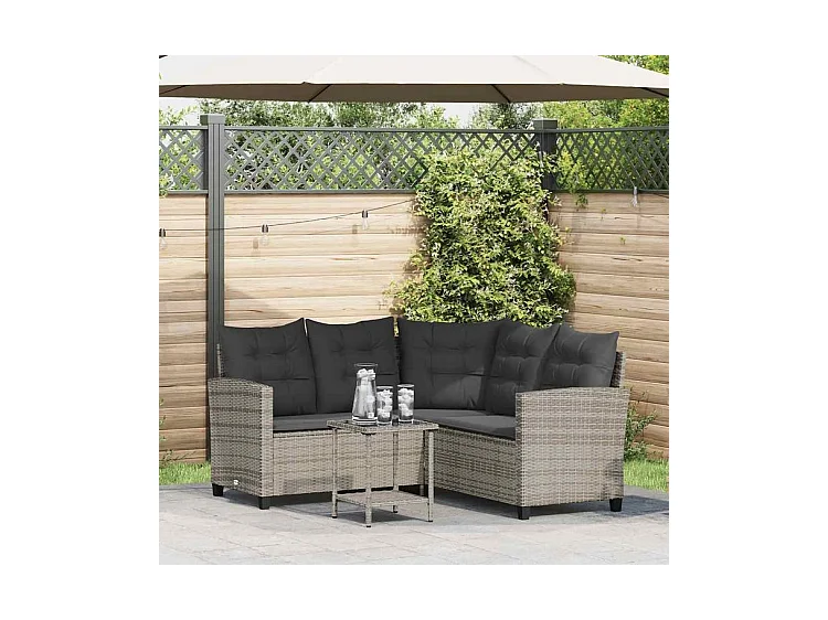 Canapé de jardin avec table et coussins en forme de L gris