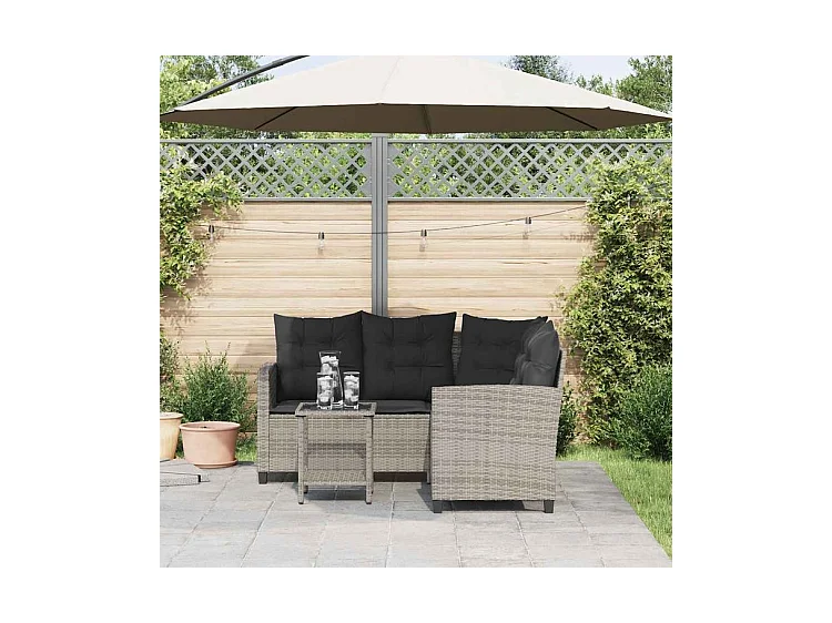 Canapé de jardin avec table et coussins en forme de L gris