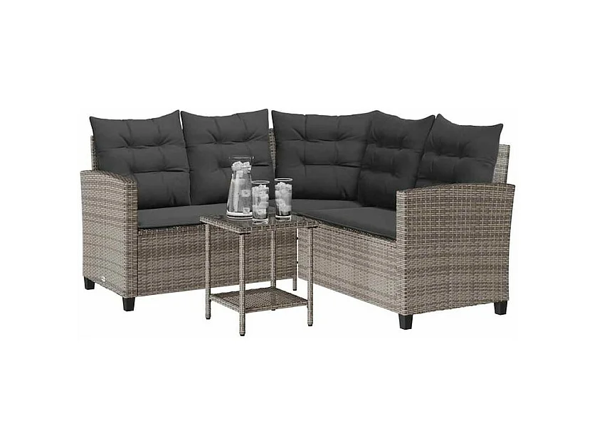 Canapé de jardin avec table et coussins en forme de L gris