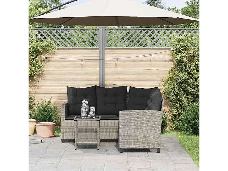 Canapé de jardin avec table et coussins en forme de L gris