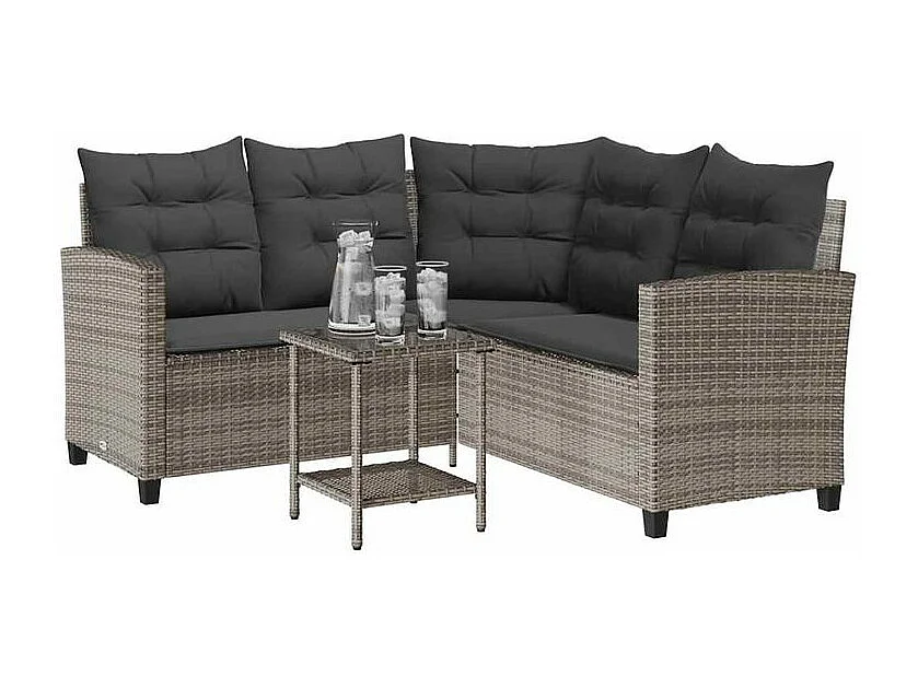Canapé de jardin avec table et coussins en forme de L gris