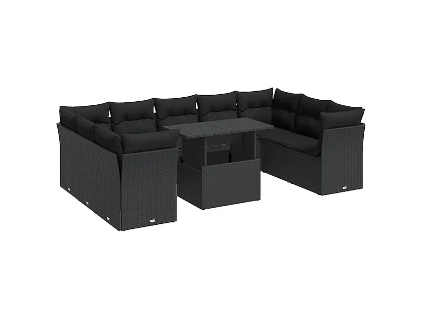 Salon de jardin 10 pcs avec coussins noir résine tressée