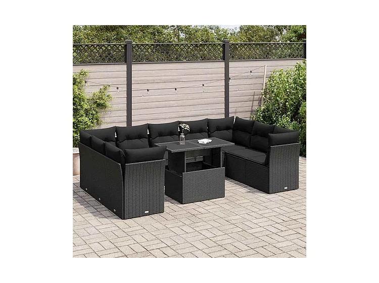 Salon de jardin 10 pcs avec coussins noir résine tressée