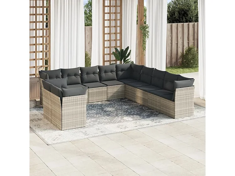 Salon de jardin 11 pcs avec coussins gris clair résine tressée