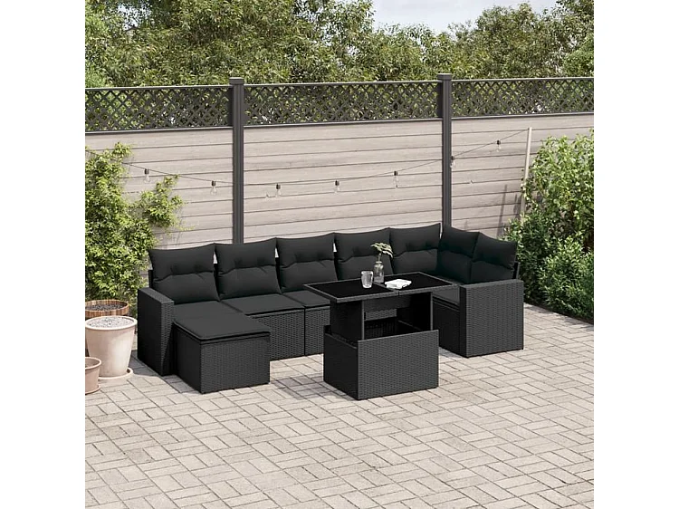 Salon de jardin 8 pcs avec coussins noir résine tressée
