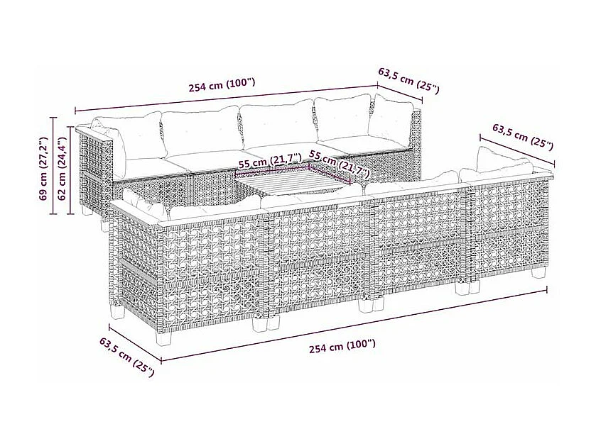 Salon de jardin avec coussins 9 pcs beige résine tressée