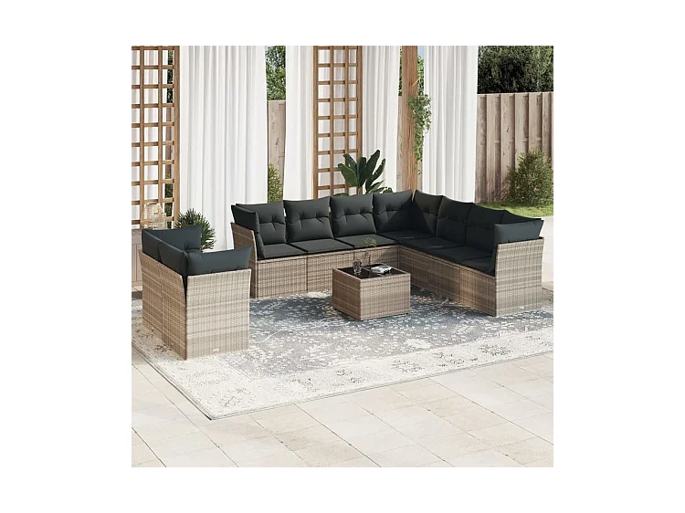 Salon de jardin avec coussins 10 pcs gris clair résine tressée