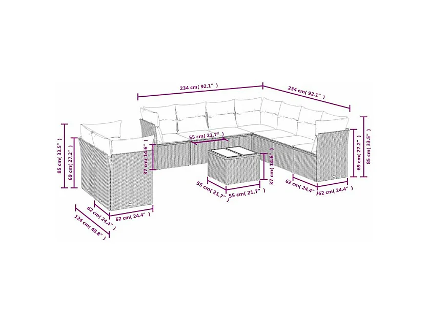 Salon de jardin avec coussins 10 pcs gris clair résine tressée