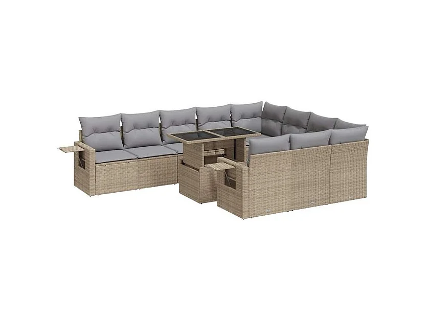 Salon de jardin 11 pcs avec coussins beige résine tressée