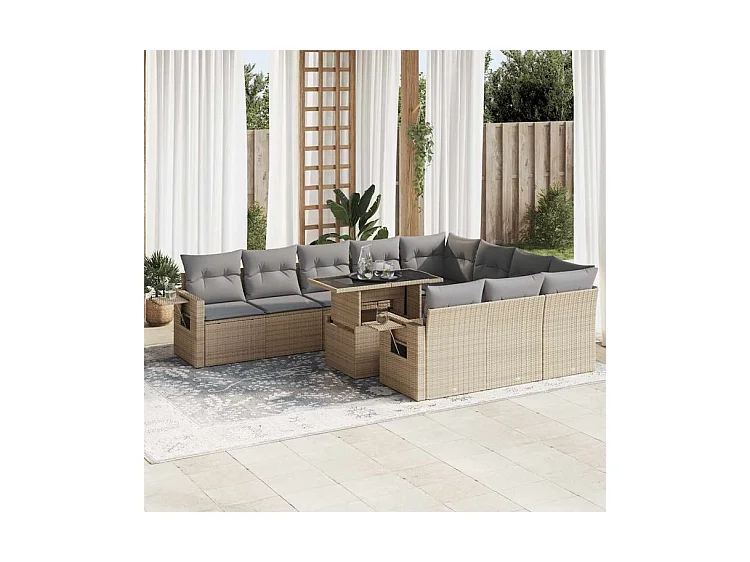 Salon de jardin 11 pcs avec coussins beige résine tressée