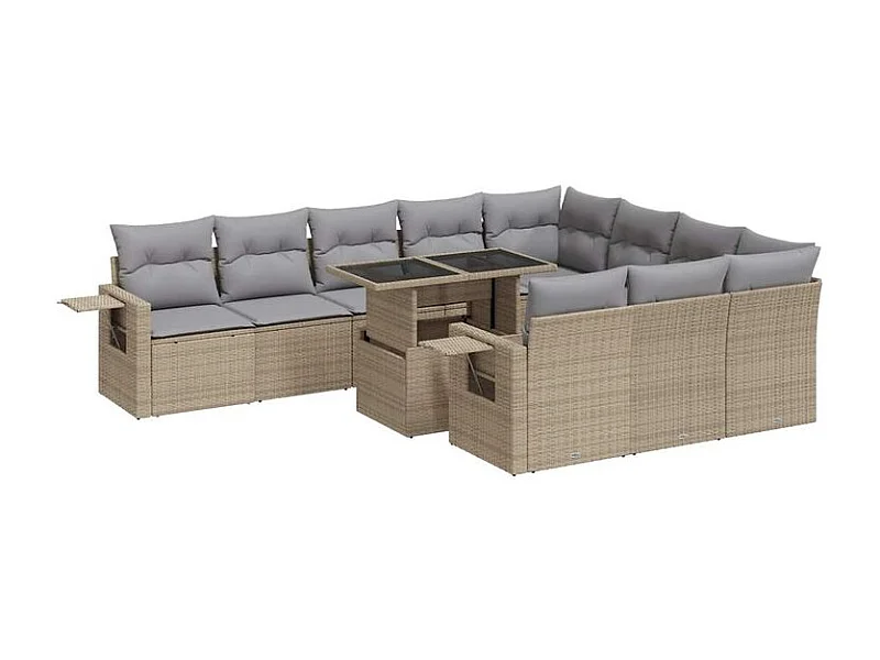 Salon de jardin 11 pcs avec coussins beige résine tressée