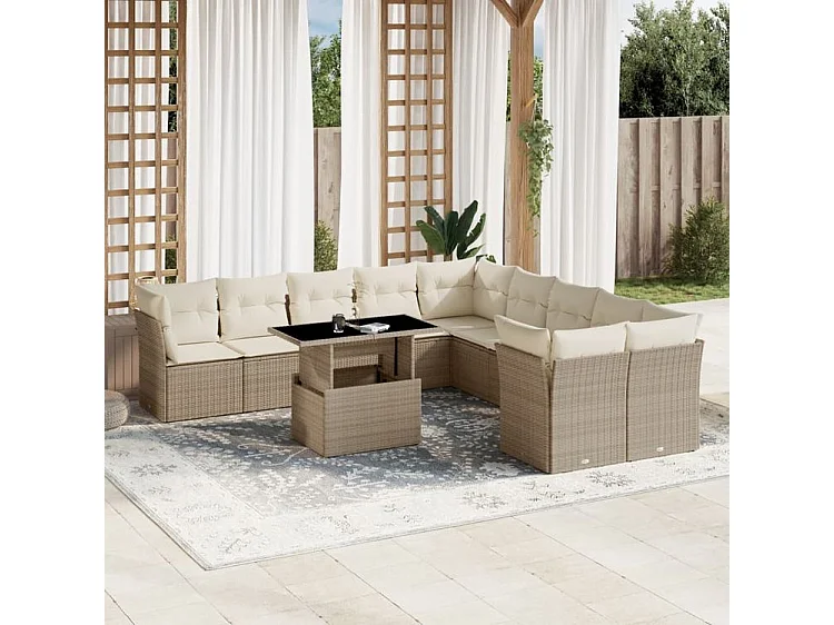 Salon de jardin 11 pcs avec coussins beige résine tressée