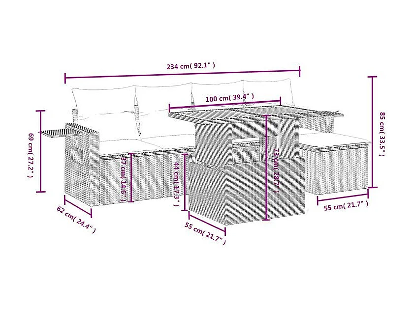 Salon de jardin avec coussins 6 pcs beige résine tressée