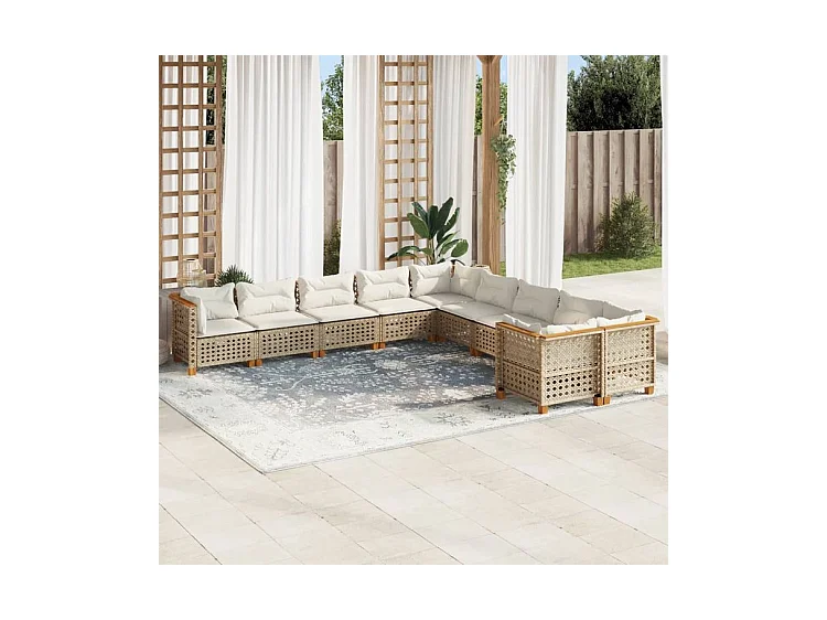 Salon de jardin avec coussins 10 pcs beige résine tressée