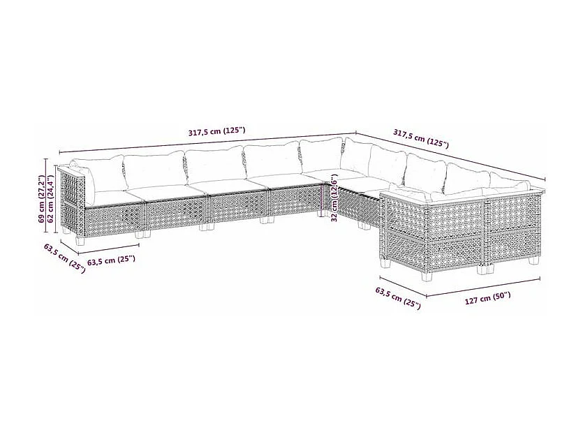 Salon de jardin avec coussins 10 pcs beige résine tressée