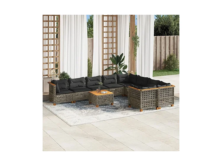 Salon de jardin avec coussins 10 pcs gris résine tressée