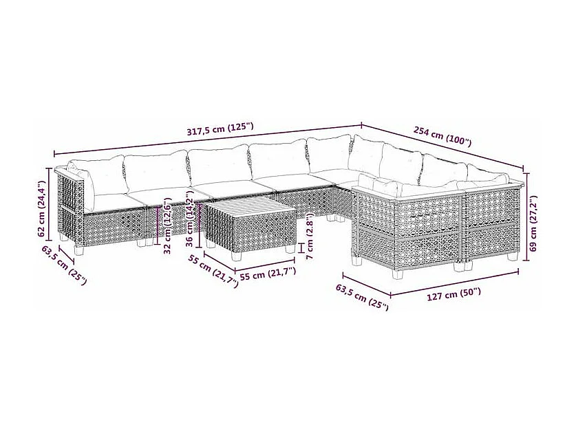 Salon de jardin avec coussins 10 pcs gris résine tressée