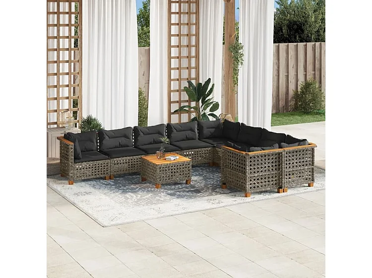 Salon de jardin avec coussins 10 pcs gris résine tressée