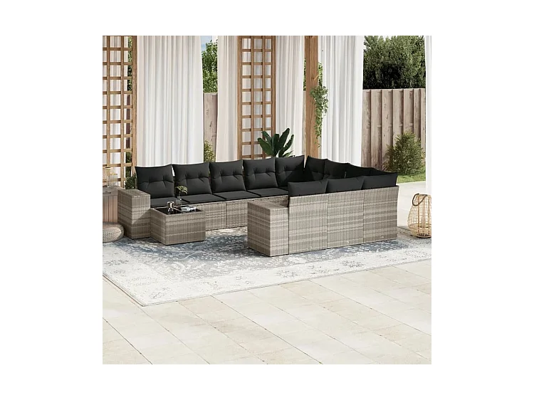 Salon de jardin 11 pcs avec coussins gris clair résine tressée