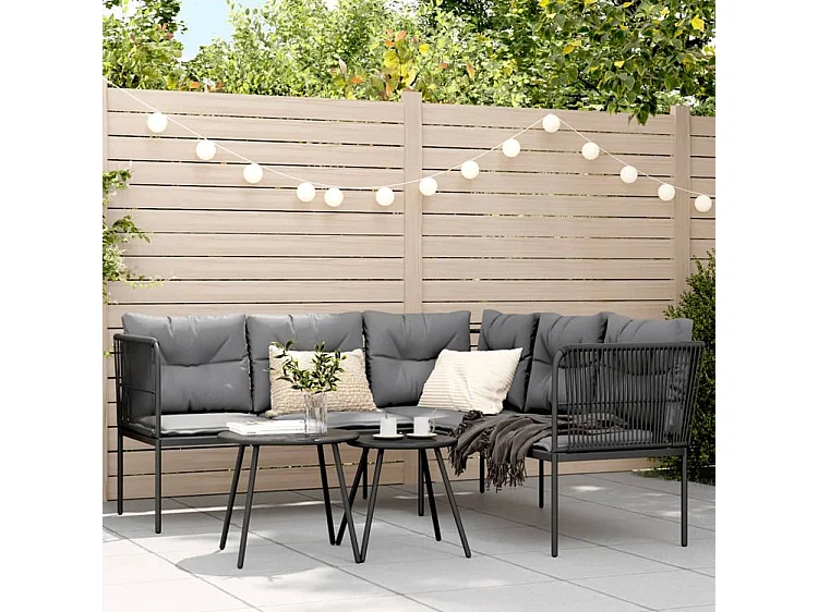 Canapé de jardin avec coussins forme de L noir acier textilène