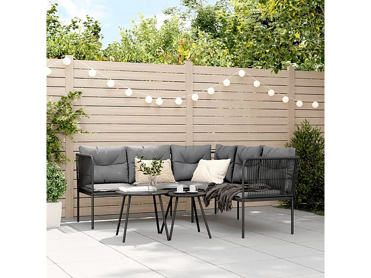 Canapé de jardin avec coussins forme de L noir acier textilène