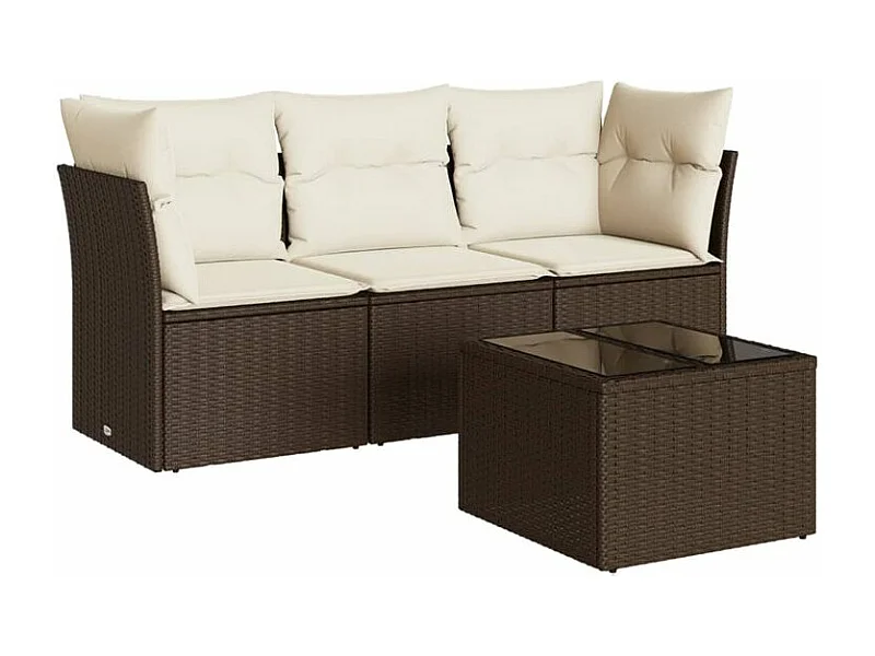 Salon de jardin 4 pcs avec coussins marron résine tressée