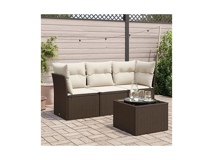 Salon de jardin 4 pcs avec coussins marron résine tressée