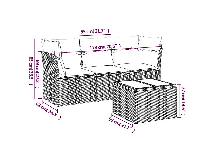 Salon de jardin 4 pcs avec coussins marron résine tressée