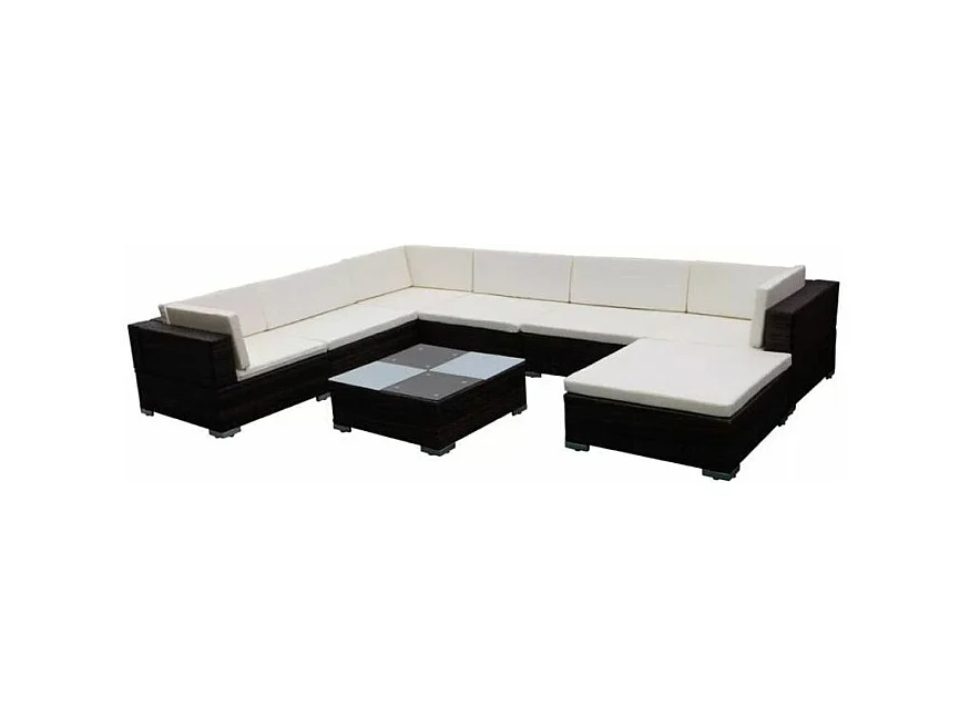 Salon de jardin 8 pièces résine tressée marron coussins blanc Kim