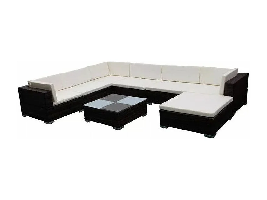 Salon de jardin 8 pièces résine tressée marron coussins blanc Kim