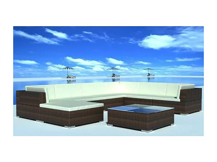 Salon de jardin 8 pièces résine tressée marron coussins blanc Kim