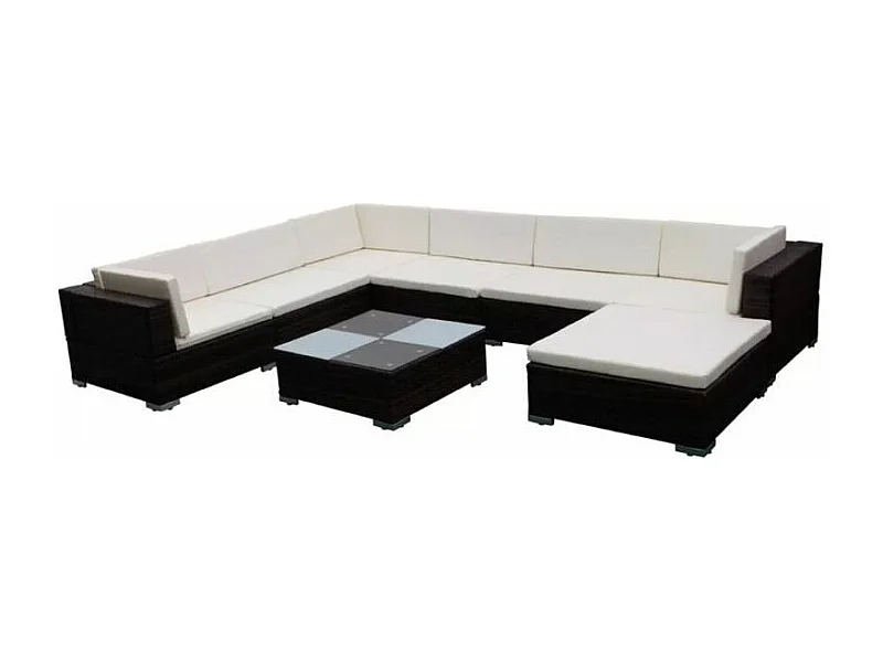 Salon de jardin 8 pièces résine tressée marron coussins blanc Kim