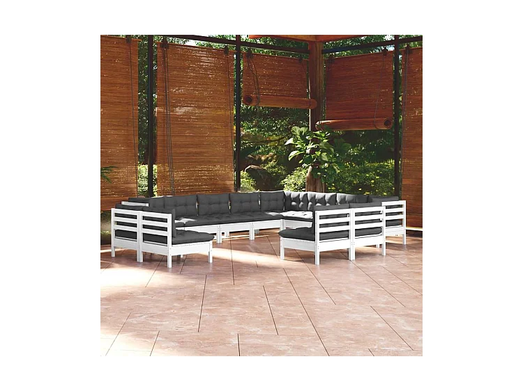 Salon de jardin 12 pcs avec coussins blanc bois de pin solide