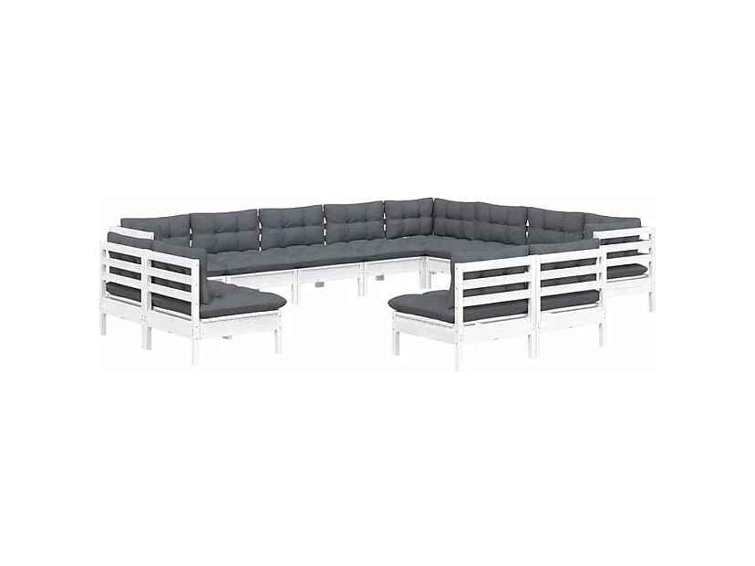 Salon de jardin 12 pcs avec coussins blanc bois de pin solide