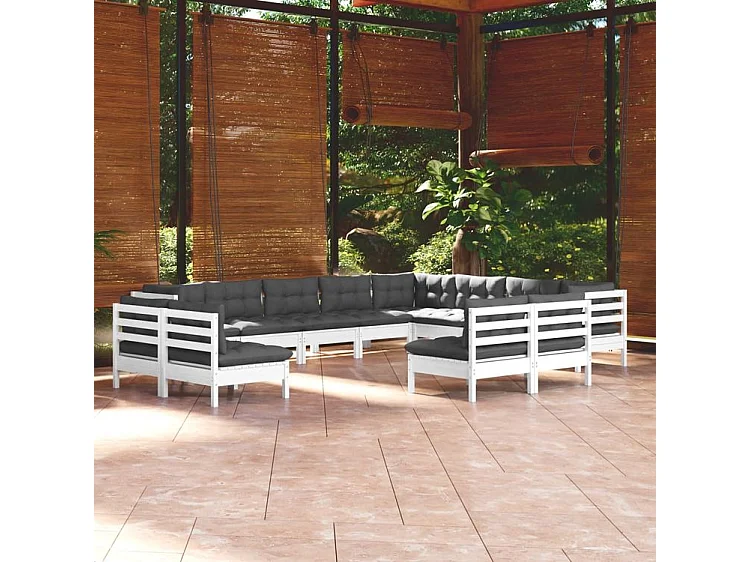 Salon de jardin 12 pcs avec coussins blanc bois de pin solide