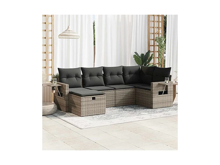 Salon de jardin 6 pcs avec coussins gris résine tressée