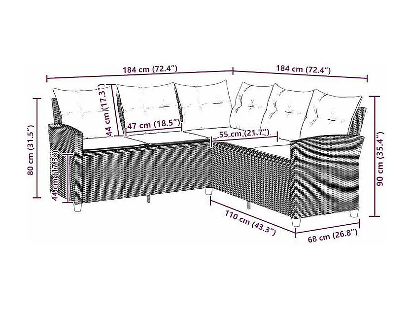 Canapés en forme de L avec coussins gris résine tressée