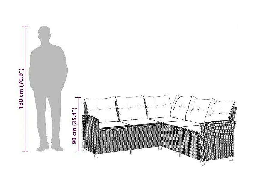 Canapés en forme de L avec coussins gris résine tressée