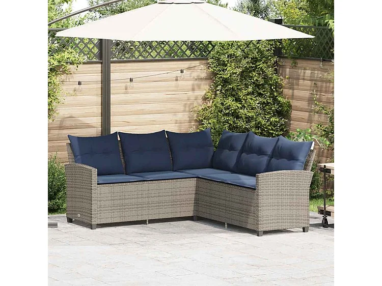 Canapés en forme de L avec coussins gris résine tressée