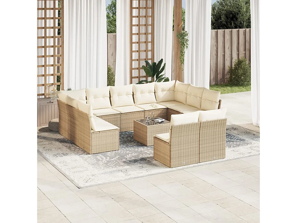 Salon de jardin avec coussins 12 pcs beige résine tressée