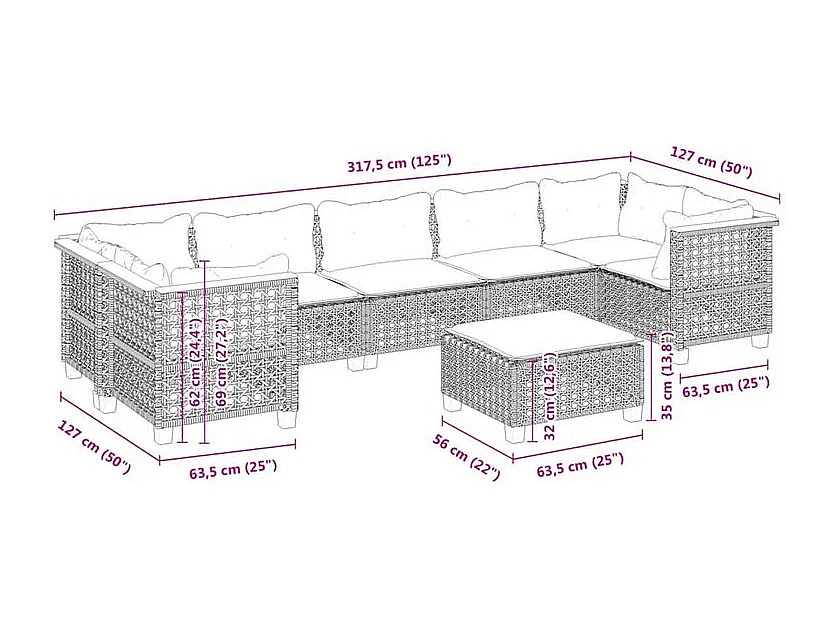Salon de jardin 8 pcs avec coussins gris résine tressée