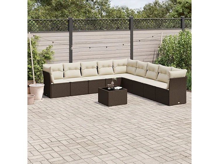 Salon de jardin 10 pcs avec coussins marron résine tressée