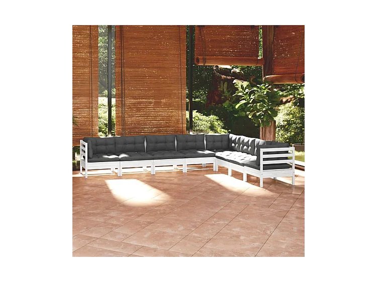 Salon de jardin 8 pcs avec coussins blanc bois de pin solide