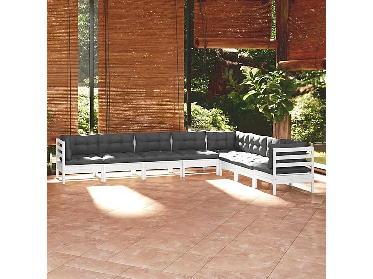 Salon de jardin 8 pcs avec coussins blanc bois de pin solide